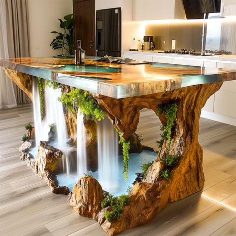 Crafted Cascades: Transforming Your Kitchen with Gorgeous Epoxy-Wood Waterfall Tables - ArtistryApex.com Waterfall Tables, Diy Resin Furniture, Epoxy Resin Furniture, Wood Waterfall, In Tables, Burgundy Nail Polish, Resin And Wood Diy, Bohemian House Decor, Rental Ideas