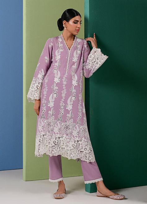 Enjoy this stunning embroidered co-ord set in Lavender from Image Signature Collection. Made from pure cotton, it features beautiful white schiffli embroidery and intricate chikankari work. This set is the perfect blend of style and elegance for a dream summer wardrobe. Size & Fit:- Model height is 5'6- Model is we Miss Images, Chikankari Work, Dream Summer, Co Ord Set, Summer Fabrics, Signature Collection, Co Ord, Model Height, Summer Wardrobe