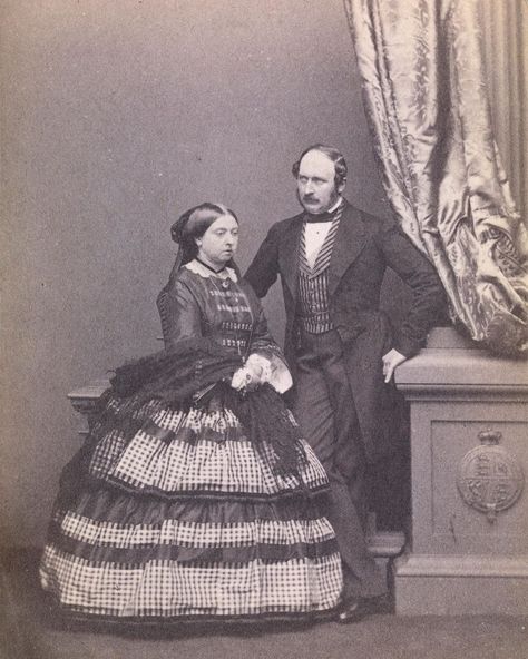 Queen Victoria and Prince Albert, Mar 1861 by John Jabez Edwin Mayall.  Queen Victoria wears a checked dress with a fringed shawl. The… Gotha, Queen Victoria Wedding Dress, Queen Victoria Wedding, Queen Victoria And Prince Albert, Young Queen Victoria, Queen Victoria Prince Albert, Victoria Prince, Checked Dress, Historical Illustration