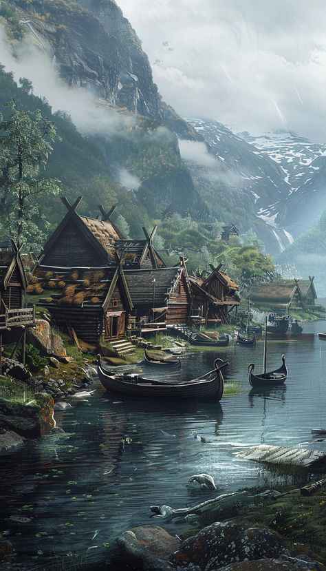 Viking Village Setting mountainside cottages longboats Viking Pirate Art, Medieval Viking Aesthetic, Viking Concept Art Environment, Fantasy Viking Landscape, Viking Landscape Art, Fantasy Poor Village, Viking Fantasy Art Landscape, Port Town Concept Art, Norway Fantasy Art