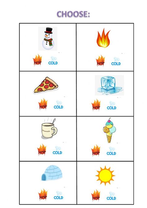 Hot - Cold worksheet Hot Or Cold Worksheet Free Printable, Hot And Cold Worksheet Preschool, Hot And Cold Sorting Free Printable, Hot Cold Activities Preschool, Opposite Activities For Toddlers, Hot And Cold Worksheet, Hot And Cold Activities Preschool, Temperature Worksheet, Opposites For Kids