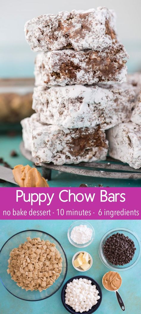 puppy chow bars stacked on top of each other Easy Baked Good For Bake Sale, Dessert Halloween, Muddy Buddies, No Bake Dessert, Dessert Bar Recipe, Party Snack, Bake Dessert, Puppy Chow, Oreo Dessert