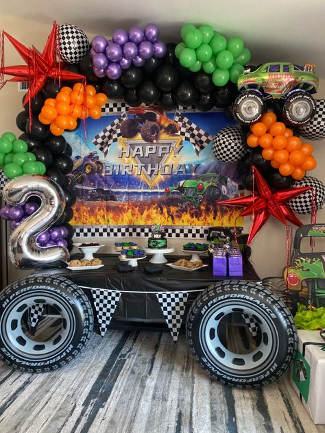 Monster Truck 3rd Birthday Shirt, Monster Trucks Party Ideas, Monster Jam Party Backdrop, Truck Themed 3rd Birthday Party, Monster Jam Birthday Party Activities, Trucks Bday Party, Monster Truck Theme 2nd Birthday Party, Monster Jam Treat Table, Monster Truck Birthday Parties