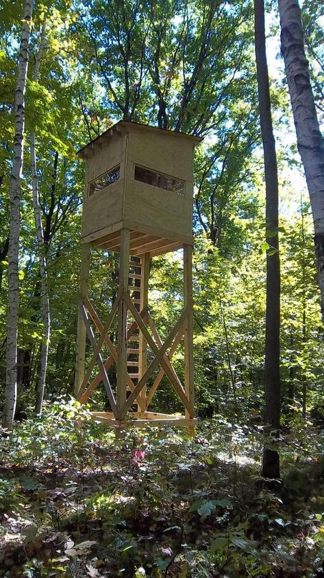 Please post pictures of your elevated deer stand (not ladder stands) here.  Looking for ideas on how to do the opening on a new stand.  I like the idea of being open all the way around but with bad weather if would be good to close some sides.  Lund ... Tower Deer Stands, Homemade Deer Blinds, Deer Blind Plans, Tree Stand Hunting, Deer Hunting Stands, Hunting Shack, Deer Stand Plans, Deer Blinds, Shooting House