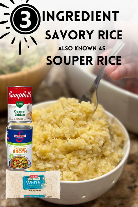 This 3 ingredient Savory Rice recipe is a foolproof method to make perfect rice every single time. Ready in less than 15 minutes, the secret ingredients are stock and creamy canned soup. Trust me when I say this is a fan favorite and is delicious served with vegetables, chicken, fish, or steak. Souped Up Rice, Creamy Souper Rice, Rice And Soup Recipes, Souper Rice With Regular Rice, Souper Rice Recipes, Make Ahead Rice Dishes, 10 Minute Rice Soup, Soup And Rice Recipes, Canned Chicken And Rice Recipes