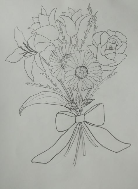 Flowers Sketches Easy, Cute Flower Bouquets Drawings, Easy Bouquet Of Flowers Drawing, Flower Pot With Flowers Drawing, Easy Sketch Ideas For Beginners Flowers, Bouquet Of Flowers Drawing Paintings, Flower Bouquet Sketches Pencil, Bouquet Of Flowers Doodle, Drawing Of A Bouquet Of Flowers