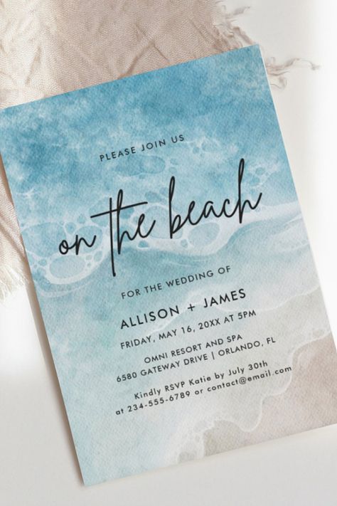 card size 5" x 7", summer, beach, watercolor style Weddings By The Beach, Beach Colors Wedding, Diy Wedding Beach, Wedding Beach Invitations, Reception On The Beach, Beach Themed Invitations, Destination Wedding Beach Decor, Beach Wedding Schemes, May Beach Wedding