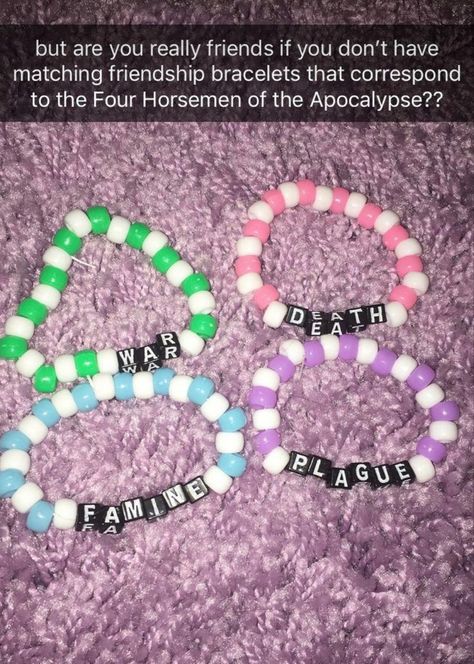 Humour, Four Horsemen Of The Apocalypse Friendship Bracelets, The Four Horsemen Of The Apocalypse Bracelets, Four Horsemen Bracelets, Four Horsemen Of The Apocalypse Bracelet, Sally Face Kandi Bracelet, Friend Group Bracelet Ideas, Funny Matching Bracelets, Group Bracelets Ideas