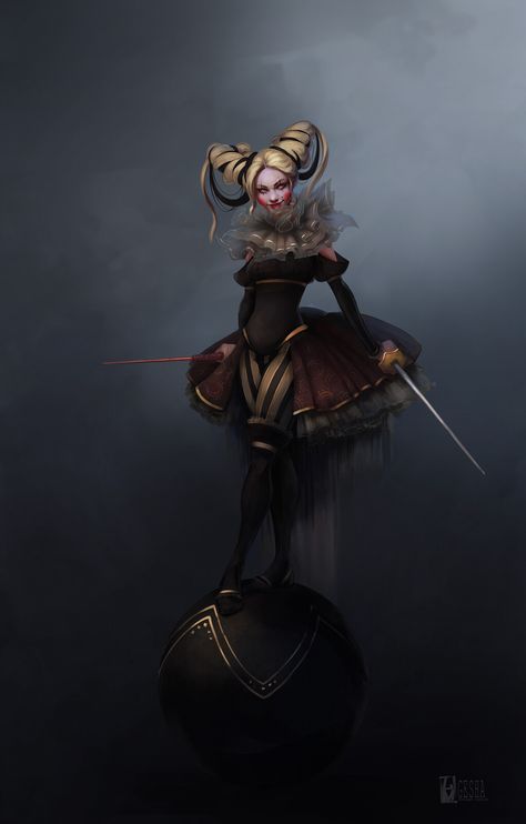 Dark Circus Character Design, Dark Circus Art, Dnd Circus, Tiefling Warlock, Creepy Circus, Circus Characters, Dark Circus, Female Clown, Ball Drawing