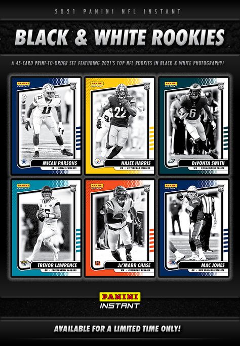 Collect top NFL rookies with 2021 Panini Instant Black & White Rookies Football. Each order includes the entire set. Baseball Card Design, Cardboard Connections, Poster Bola, Sports Cards Collection, Baseball Card Template, Trading Card Ideas, Sports Card, Sports App, 카드 디자인