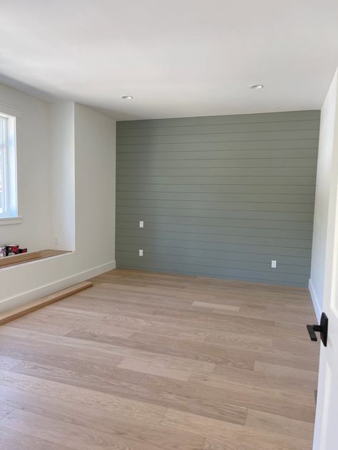 White Walls With Sage Green Accent Wall, Shiplap Bedroom Colors, Coloured Accent Wall, Evergreen Wall Paint, Wallpaper Accent Wall With Window, Green Paint Colours For Bedroom, Green And White Walls Bedrooms, Green Shiplap Accent Wall Bedroom, Vertical Green Shiplap