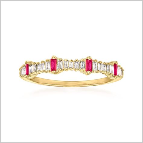 0.14 ct. t.w. Diamond and .10 ct. t.w. Ruby Stackable Ring in 14kt Yellow Gold Baguette, Ruby Eternity Band, Coral Drop Earrings, Colorful Ring, Sky Blue Topaz Ring, Blue Aquamarine Ring, Emerald Earrings Drop, Opal Drop Earrings, Ruby Necklace Pendant