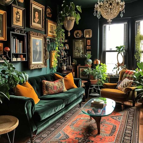 Sophisticated Dark Green Living Room Palettes for a Luxurious Feel • 333+ Images • [ArtFacade] Dark Boho Living Room, Green Walls Living Room, Dark Green Living Room, Green Living Room, Kitchen Party, Dark Living Rooms, Dark Home Decor, Appartement Design, Casa Vintage