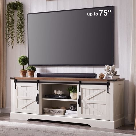 PRICES MAY VARY. DIMENSION: 66" W x 16"D x 25" H. Fits TVs up to 75 inches (farmhouse tv stand for 75 70 65 55 inch TVs etc.) SLIDING BARN DOORS: Easy access to cabinets and shelves via metal track, designed for smooth slide. Special barn-door patterns are on front and two sides. STURDY TV CONSOLE TABLE: Featuring with 3-1/3” HIGH wooden support base and 1” thick tabletop, covered with high-level 3D woodgrain paper (including back panels, uneasy to peel or fade), has the look of oak wood. MODERN Rustic Media Console, 75 Inch Tv, Tv Entertainment Stand, Barn Door Tv Stand, Wood Entertainment Center, Farmhouse Tv, Stands Tv, Home Entertainment Centers, Farmhouse Tv Stand