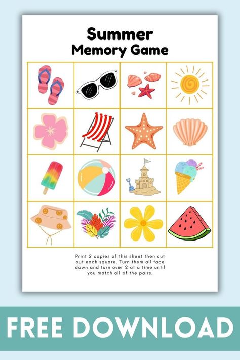 A free memory game with a cool summer theme for kids to play. Simply get your free printable and then cut out the squares to play a fun memory game! Memory Game Printable, Summer Activities For Teens, Summer Activities For Toddlers, Summer Preschool Activities, Summer Printables, Memory Games For Kids, Activities For Teens, Printable Activities For Kids, Memory Game