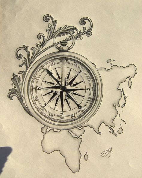 Around the world by SpleenArt.deviantart.com on @deviantART Compass Drawing, Compass Art, Compass Tattoo Design, Clock Tattoo Design, Map Tattoos, Nautical Tattoo, Geniale Tattoos, Clock Tattoo, Compass Rose