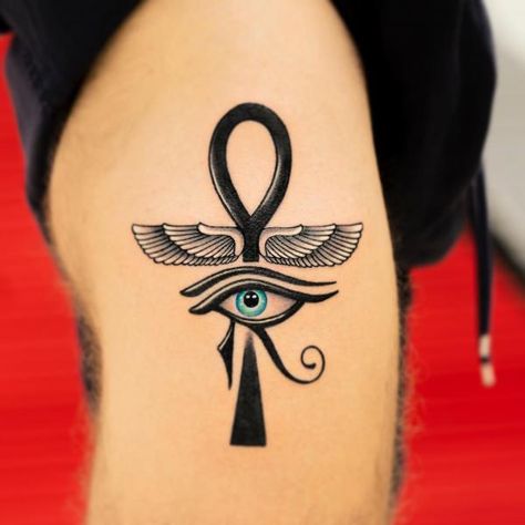 Eye of horus and Ankh cross with wings tattoo Ahnk Tattoo, Egyptian Tattoo For Women, Ankh Tattoos, Egyptian Symbol Tattoo, Eye Of Ra Tattoo, Cross With Wings Tattoo, Simple Tattoo With Meaning, Egypt Tattoo Design, Symbolism And Meanings