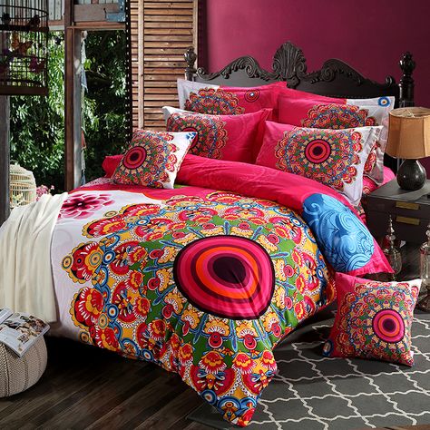 Bright Apartment Decor, Colorful Bohemian Bedroom, Colorful Bohemian Bedroom Decor, Comforters Sets, Chic Bedroom Design, Mandala Duvet Cover, Boho Duvet Cover, Nailhead Headboard, Retro Bed