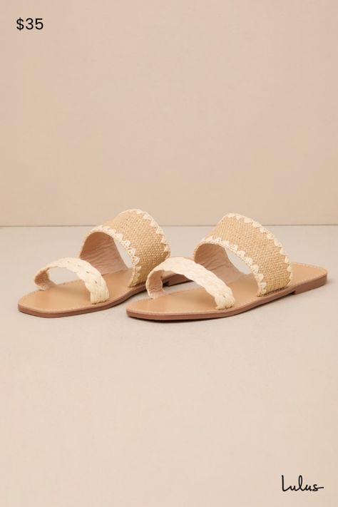 It's easy to add some trendy flair to your 'fit with the Lulus Minka Beige Raffia Woven Slide Sandals! These summery sandals feature a squared footbed and a straw woven toe strap, followed by a wide, woven raffia vamp strap adorned with matching, embroidered straw trim. Effortless slide-on design will make these an instant seasonal favorite! 0. 5" rubber heel. Smooth insole. Rubber sole has nonskid markings. Man made materials. Imported. Lulus | Minka Beige Raffia Woven Slide Sandal Heels. Trendy Heels, Spring Break Outfit, Trendy Sandals, Woven Raffia, Sandal Heels, Size 11 Heels, Rubber Heels, Women's Summer Fashion, Summer Shoes