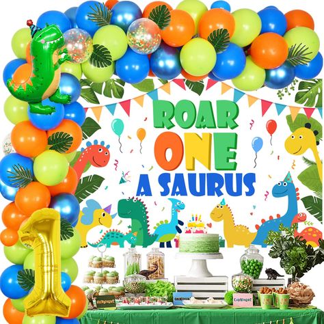 PRICES MAY VARY. One A Saurus Birthday Decorations: You will get from this package include 1 roar one a saurus backdrop 4.9*3.3ft, 45 latex balloons 12 inches, 15 latex balloons 5 inches, 1 dinosaur foil balloon 36*29 inches, 1 number 1 foil balloon 32 inches, 6 artificial palm leaves, 1 balloon tape strip, 1 100 adhesive dispense. Dinosaur 1st Birthday Decorations: We designed a cute orange blue green baby birthday decorations for one year old kids, ROAR ONE A SAURUS backdrop banner, dinosaur a One A Saurus Birthday, Birthday Decorations Dinosaur, 1st Birthday Decorations Boy, Bday Background, Dinosaur 1st Birthday, Baby Birthday Decorations, Dinosaur Balloons, Birthday Cartoon, 1st Birthday Party Decorations