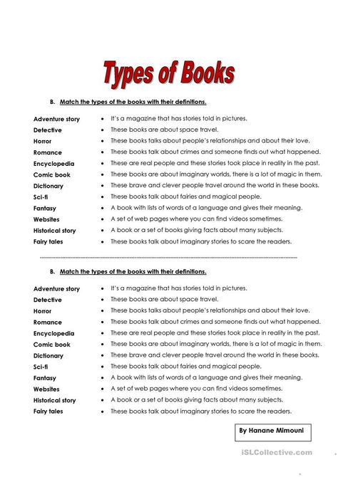 Types of Books - Definitions - English ESL Worksheets for distance learning and physical classrooms Best Poetry Books, Reading Genres, Different Types Of Books, Genre Of Books, Vocabulary Book, Library Skills, Book Genre, Types Of Books, Literature Genres