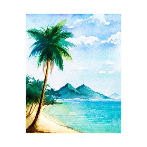 Watercolor tropical beach scene with palm trees Tropical Beach Watercolor, Palm Tree Watercolor Painting, Tropical Watercolor Paintings, Beach Watercolor Paintings, Watercolor Beach Scenes, Watercolor Art Beach, Watercolour Beach, Tropical Beach Painting, Watercolor Palm Tree