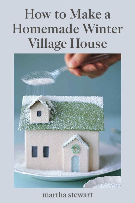 Wreath With Village Houses, How To Make Cardboard Houses Christmas Villages, Tiny Christmas Houses Diy, Glitter Houses Christmas, Diy Putz House Templates, Diy Fake Snow For Christmas Village, Mini Christmas Houses Diy, Paper Mache Christmas House, Putz Houses How To Make