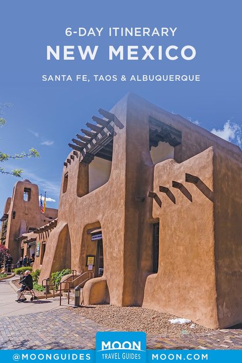 Santa Fe, Taos, and Albuquerque are located in the high desert of New Mexico, and though the adjectives commonly used to describe the landscape—stark, unforgiving, rugged—are all true, they fall short of capturing its essence. From southwest cuisine to art and historical sights, this 6-day travel itinerary explores the best of Santa Fe, Taos, & Albuquerque, giving just enough time to appreciate the distinct character of each community. #newmexico Santa Fe, Mexico, Colourful Posters, Adobe Homes, New Mexico Road Trip, Travel New Mexico, Southwest Travel, Travel Nepal, New Mexico Santa Fe