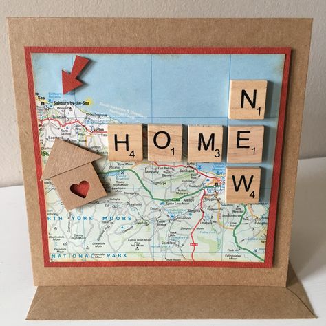 Scrabble Cards Birthday, Scrabble Cards Ideas, Homemade Cards For New Home, Diy New Home Cards Ideas, Cards For New Home, Moving In Card, Scrabble Tile Cards, Handmade New Home Cards Ideas, Cards New Home