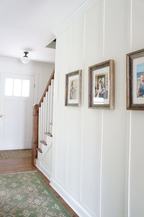 Board And Batten Hallway, Hallway Makeover, Board And Batten Wall, Shaker Style Doors, Flat Paint, Wall Trim, Character Home, Wall Molding, Board And Batten