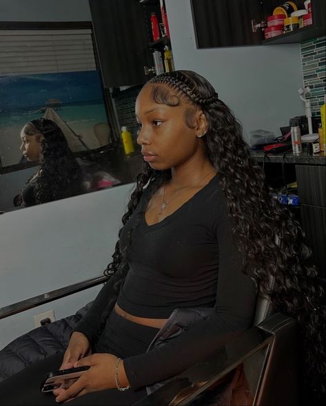 2 French Braids With Sew In, 2 Feed In Braids With Sew In In The Back, 2 Braids And Sew In, Two Braid Leave Out, 2 Braid Quick Weave Hairstyles, Two Braids Weave In The Back, Hairstyles Sew In Weave, Braid With Weave In The Back, Feed Ins Half Up Quick Weave Half Down