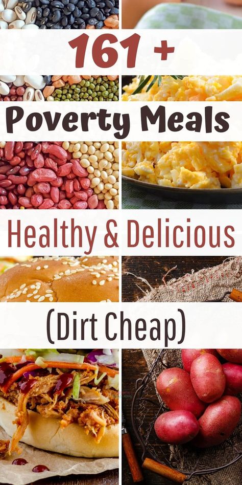 Budget recipes made with poverty food. Delicious meals for lunch and dinner. Meals to make ahead with your crockpot. Yummy meals with lentils, black beans and more. #frugalliving, #povertymeals, #bugetmeals Essen, Poverty Food, Poverty Meals, Poverty Meal, Poor People Food, Cheap Family Dinners, We’re The Millers, Dirt Cheap Meals, Cheap Meal Plans