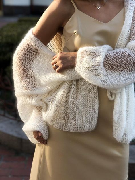 White Mohair Cardigan Light Wedding Cardigan Long Mohair | Etsy Ponchos, White Mohair Cardigan, Cardigan Wedding Dress, Mohair Sweater Outfit, Dress With Sweater Over It, Wedding Knitting, Luxury Cardigan, Bridal Cardigan, White Crochet Cardigan