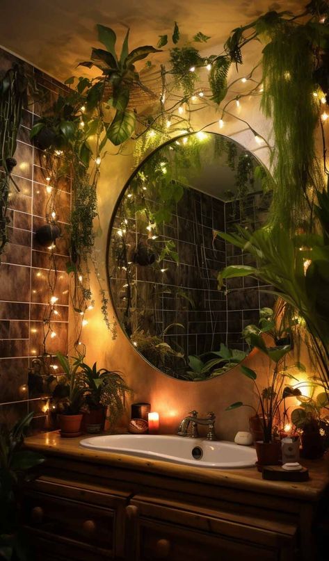 Earthy Boho Room Aesthetic, Green Home Decoration, Moody Plant Bathroom, Earthy Aesthetic Apartment, Colorful Bohemian Bathroom, Plant Vibe Bathroom, Bathroom With Plants Aesthetic, Bathroom Aesthetic Plants, Earth Bathroom Decor