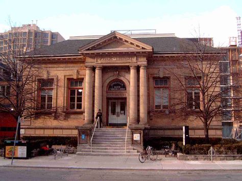 Toronto Public Libraries, Yorkville branch - Toronto, ON Public Library Exterior, Library Exterior, Toronto Library, Public Library Design, Pink Lighting, Lighting Exterior, Carnegie Library, Andrew Carnegie, Community Library