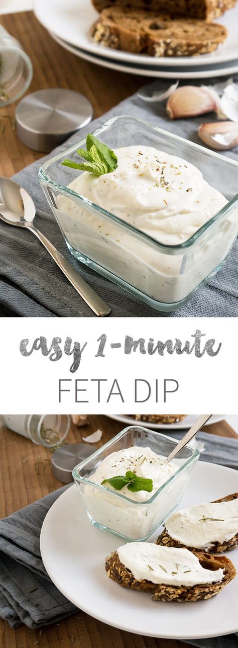 An easy to make 1-Minute Feta Cheese Dip which goes well with meat, bread or veggies. Made with sour cream and Mediterranean herbs. Keto Feta Dip, Thermomix, Feta Veggie Dip, Snacks With Feta Cheese, Things To Make With Feta Cheese, Feta Cream Sauce, Feta Cream Cheese Dip, Feta Dip Recipes Easy, Easy Feta Dip