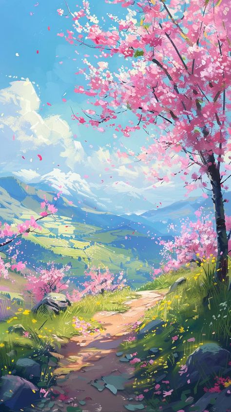 100+ Spring Phone Wallpapers With Seasonal Vibes Nature, Spring Phone Wallpapers, Landscape Drawing Ideas, Drawing Ideas Inspiration, Drawing Tutorials For Kids, Landscape Drawing, Dreamy Landscapes, Scenery Paintings, Lovely Flowers Wallpaper