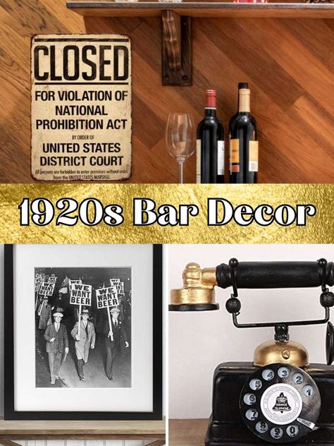 Cool 1920s Bar Decor To Transform Your Space - PinkPopDesign Prohibition Decor Speakeasy Bar, Roaring 20s Speakeasy Aesthetic, 1920s Table Decor, Speakeasy Table Decor, 1920s Aesthetic Decor, Speakeasy Fundraiser, 1920 Bar, Speakeasy Room Ideas, House Cellar