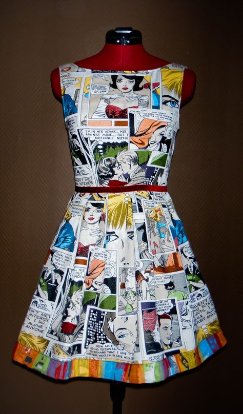 Dress made by Skristi ( Pop Art Dress, Paper Dress Art, Pop Art Clothing, Comic Dress, Quirky Dress, Pop Art Fashion, Zero Waste Fashion, Pop Art Girl, Fashion Design Patterns