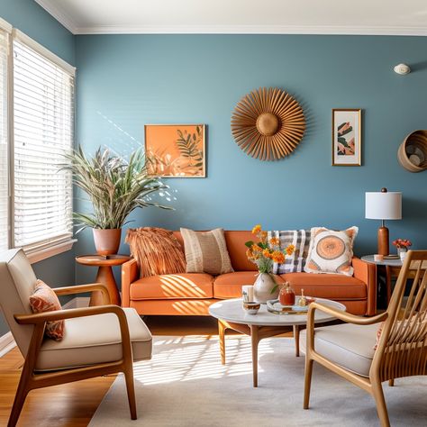 living room with light blue walls and orange accents Living Room Ideas Orange Sofa, Colour Accents Living Room, Light Blue Living Room Furniture, Blue Room Orange Accents, Orange In Living Room, Blue Orange Room Aesthetic, Orange And Blue Room Decor, Living Room Blue And Orange, Orange Living Room Aesthetic