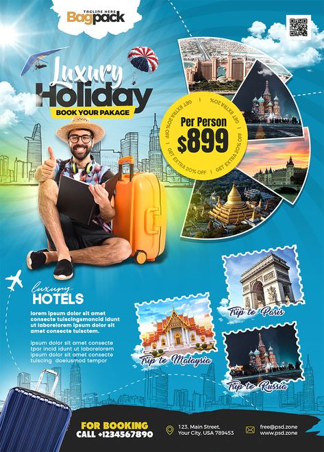 Don’t miss out on the Free Holiday Travel Business Flyer PSD Template! It’s perfect for tour operators and travel agents specializing in day tours, tour packages, vacations, hiking, camping, city tours, and more. You can easily customize this template in Adobe Photoshop. Tour Advertising Design, Tour And Travel Poster Design, Travelling Poster Design, Travel Agent Flyer, Tour Package Poster, Tourism Flyer Design, Travel And Tour Flyer Design, Travel Packages Poster, Tour Poster Ideas