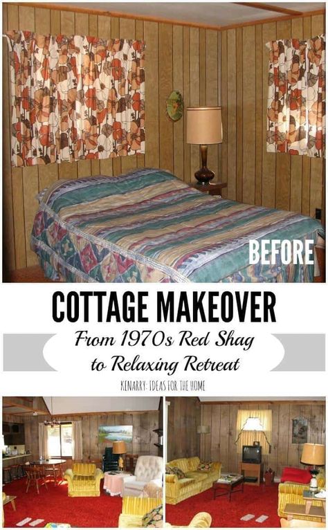 Cottage Makeover: 1970s Cabin to Relaxing Retreat Log Cabin Curtains, 1970s Cabin, Old Cabin Interior, Cabin Interiors Cozy, Small Cottage Interior, Old Cottage Interior, Lake Cabin Interiors, Tiny Cottage Interior, Small Lake Cabins