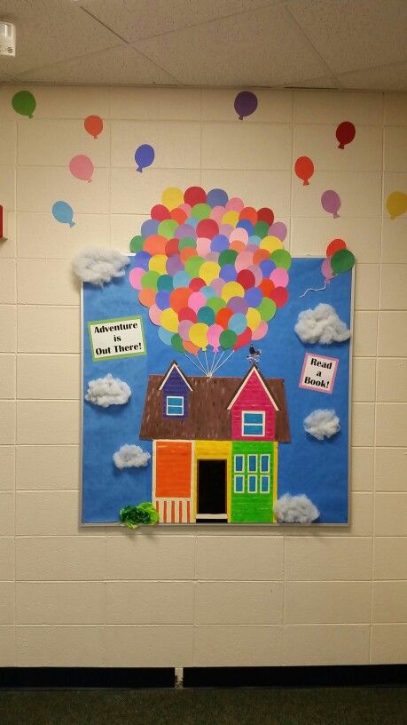 Our "Up" Bulletin Board, Adventure is out there! Cartonnage, Adventure Is Out There Bulletin Board, Up House Bulletin Board, Disney Up Bulletin Board, Up Themed Bulletin Board, Up Bulletin Board Ideas Disney, Disney Up Classroom Theme, Up Bulletin Board Ideas, Disney Bulletin Boards