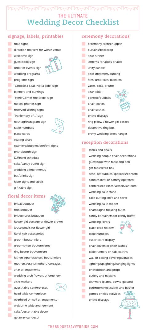 Decoration Checklist Wedding, Things To Get For Wedding, Reception Decor List, Wedding Needs List Everything, Wedding Checklist Decor, Wedding Decor Inventory List, Wedding Check Off List Things To Do, Wedding Item Checklist, Wedding Inventory Checklist