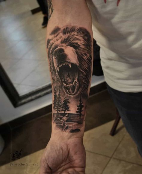 Top 47+ Best Black Bear Tattoo Ideas - [2021 Inspiration Guide] Mens Bear Tattoo Arm, Men Bear Tattoo Ideas, Tattoo Ideas For Men Animals, Bear Tattoo Ideas Men, Mens Bear Tattoo Ideas, Bear Arm Tattoos For Men, Men Bear Tattoos, Bear Leg Tattoo Men, Grizzly Bear Forearm Tattoo