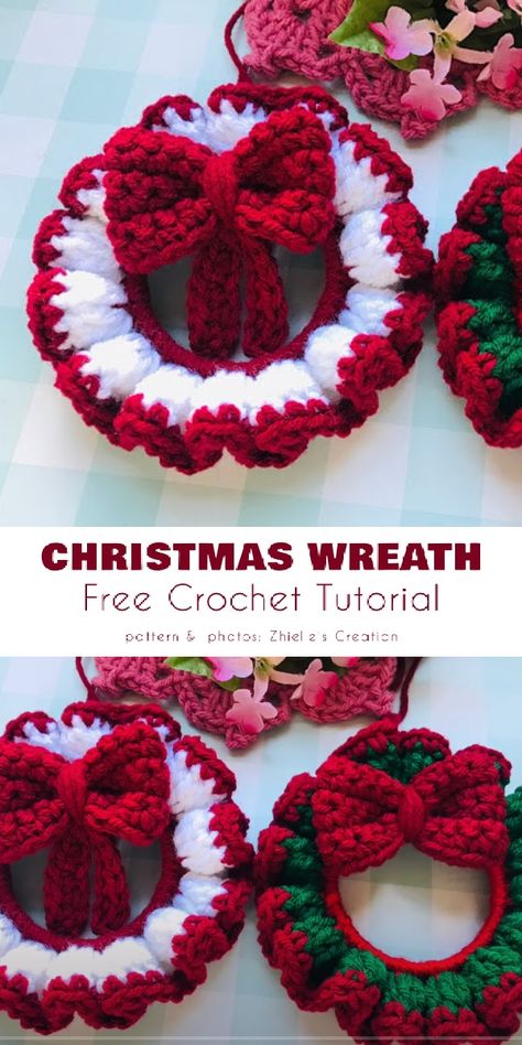 Crochet Christmas Ornaments Free Ideas, Crichet Christmas Wreaths, Christmas Decor Ideas In Crochet, Diy Ornaments Crochet, Crochet Christmas Wreath Applique, Crocheted Christmas Wreath Ornaments, Mini Crochet Christmas Wreaths, Free Crochet Patterns For Christmas Wreaths, Easy Christmas Crochet Crafts