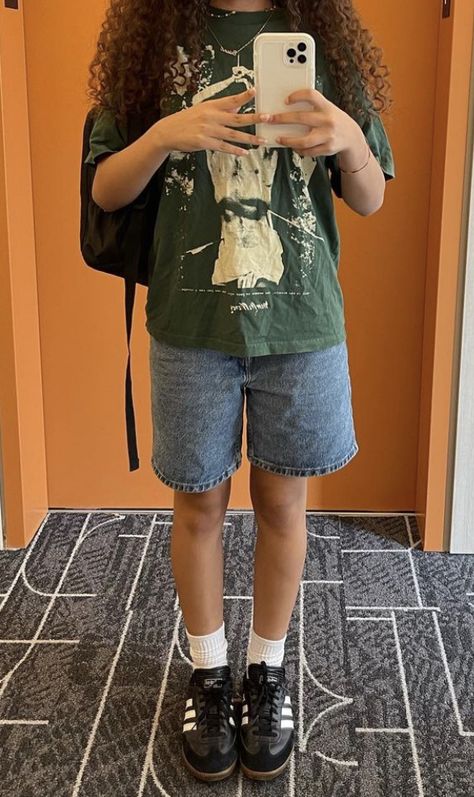 H&m Shorts Outfit, Jorts And Samabas, Jorts On Short People, Casual Summer Outfit Shorts, Jorts Outfit Women’s Midsize, Non Revealing Outfits Summer, Summer Fits For Midsize, Unisex Outfits Summer, Green Short Sleeve Button Up Outfit