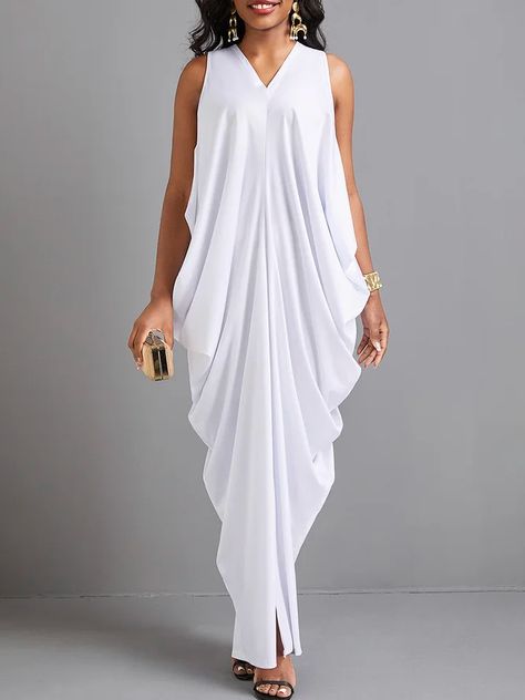 Daily Plain Elegant V Neck Regular Fit Dress | stylewe Maxi Dress Outfit Black Women, White Party Outfit Summer, Wedding Anniversary Dresses, All White Party Outfits Black Women, Greek Style Dress, All White Party Outfits, Diwali Outfits, Trench Coat Dress, African Maxi Dresses