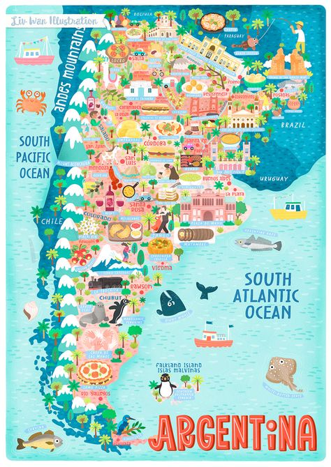 Map of Argentina Illustration on Behance Argentina Map, Argentina Food, Food Map, Map Illustration, Argentina Travel, France Map, Planner Templates, Love Travel, Illustrated Map