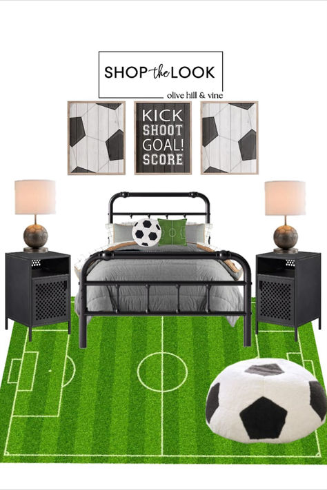 Turn your boy's bedroom into a soccer haven with this soccer field rug and soccer ball plush bean bag. Add soccer-themed artwork, to complete the look, creating an inspiring and dynamic space where he can kick back and immerse himself in the beautiful game. Shop the look at olivehillandvine.com or at our LTK shop! Boys Bedroom Ideas 10 Year, Soccer Boys Room Ideas, Soccer Decorations Room, Teen Boy Soccer Bedroom, Teen Soccer Bedroom, Soccer Boys Room, Boy Soccer Bedroom, Soccer Bedroom For Boys, Soccer Room Ideas For Boys